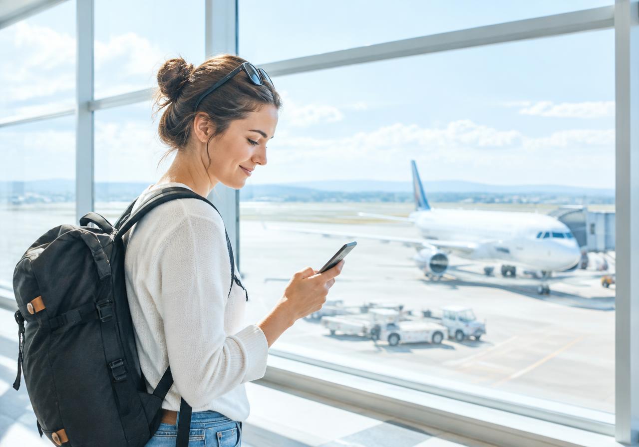 Viajante olhando o celular no aeroporto
